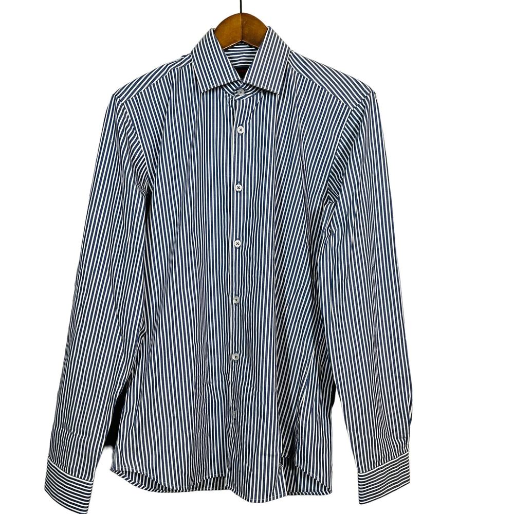 Jared Lang Button Up Dress Shirt Stripe Long Sleeve Career Casual Blue Ivory - S